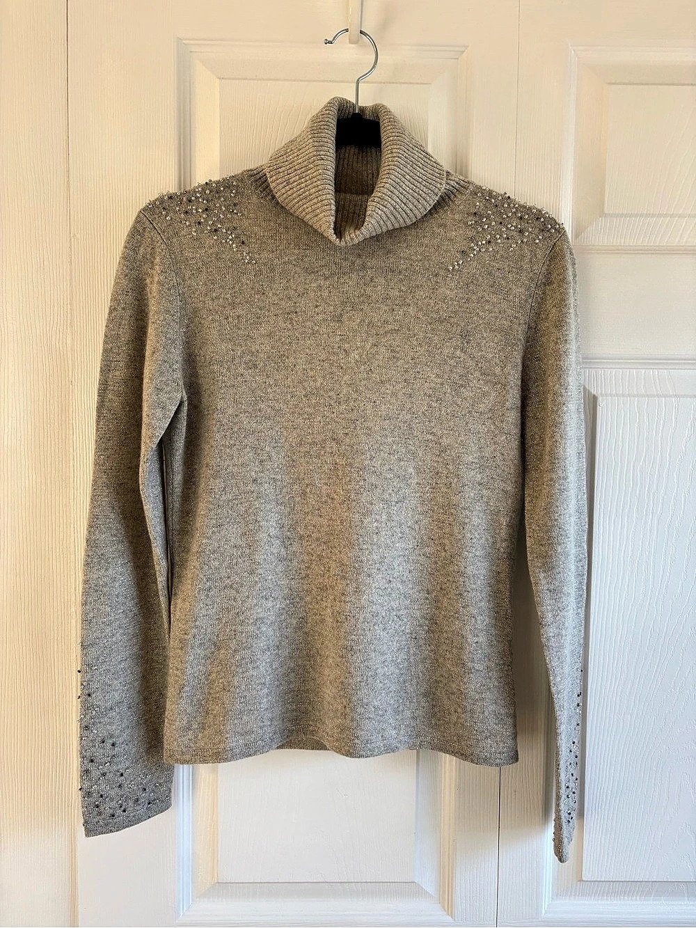 Lauren Hansen Cashmere Grey Turtleneck Open Back Beaded Embellished Sweater S